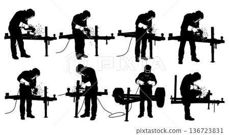 Black Solid Trailer Hitch Welder Silhouettes Set of Six on White Background 136723831