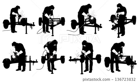 Black Solid Trailer Hitch Welder Silhouettes Set of Six on White Background 136723832