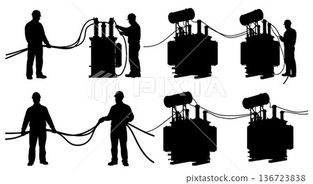 Black Solid Transformer Connection Silhouettes Set of Six on White Background Black Solid Transformer Connection Silhouettes Set of Six on White Background 136723838