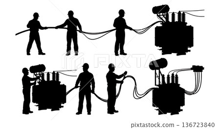 Black Solid Transformer Connection Silhouettes Set of Six on White Background Black Solid Transformer Connection Silhouettes Set of Six on White Background 136723840