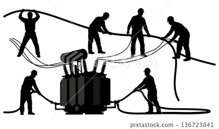 Black Solid Transformer Connection Silhouettes Set of Six on White Background 136723841