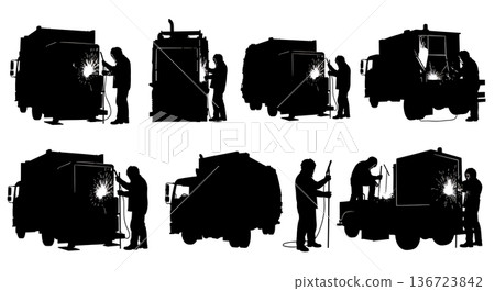 Black Solid Trash Truck Compactor Welder Silhouettes Set of Six on White Background Black Solid Trash Truck Compactor Welder Silhouettes Set of Six on White Background 136723842