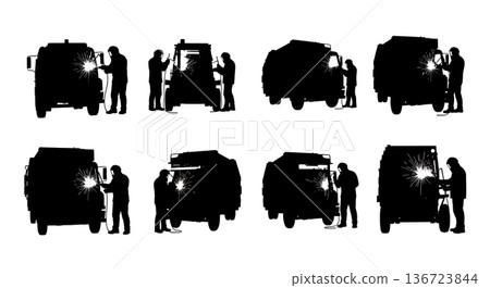 Black Solid Trash Truck Compactor Welder Silhouettes Set of Six on White Background 136723844