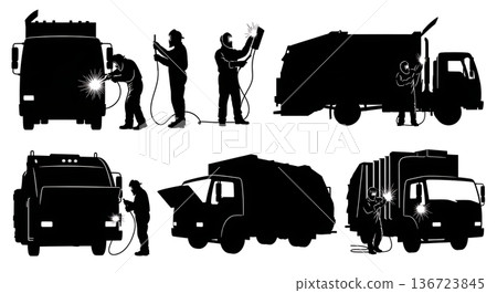 Black Solid Trash Truck Compactor Welder Silhouettes Set of Six on White Background 136723845