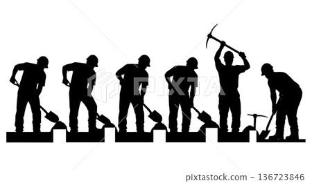 Black Solid Trench Digging Electrician Silhouettes Set of Six on White Background Black Solid Trench Digging Electrician Silhouettes Set of Six on White Background 136723846