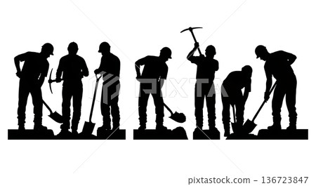 Black Solid Trench Digging Electrician Silhouettes Set of Six on White Background Black Solid Trench Digging Electrician Silhouettes Set of Six on White Background 136723847