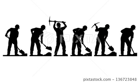 Black Solid Trench Digging Electrician Silhouettes Set of Six on White Background Black Solid Trench Digging Electrician Silhouettes Set of Six on White Background 136723848