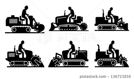 Black Solid Trenching Machine Operator Silhouettes Set of Six on White Background Black Solid Trenching Machine Operator Silhouettes Set of Six on White Background 136723850