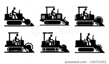 Black Solid Trenching Machine Operator Silhouettes Set of Six on White Background Black Solid Trenching Machine Operator Silhouettes Set of Six on White Background 136723852