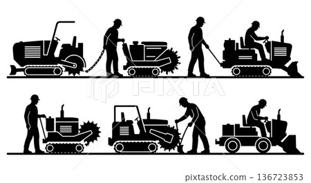Black Solid Trenching Machine Operator Silhouettes Set of Six on White Background Black Solid Trenching Machine Operator Silhouettes Set of Six on White Background 136723853