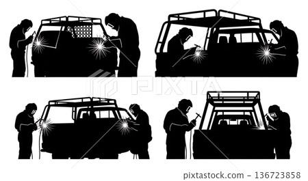 Black Solid Truck Headache Rack Welder Silhouettes Set of Six on White Background Black Solid Truck Headache Rack Welder Silhouettes Set of Six on White Background 136723858