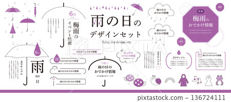 Simple rainy season frame design set / frame, illustration, heading, decoration, umbrella, hydrangea 136724111