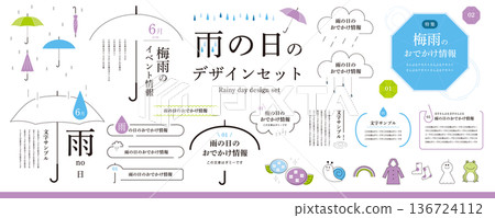 簡約雨季邊框設計套裝/邊框、插圖、標題、裝飾、雨傘、繡球花 136724112