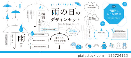 Simple rainy season frame design set / frame, illustration, heading, decoration, umbrella, hydrangea 136724113
