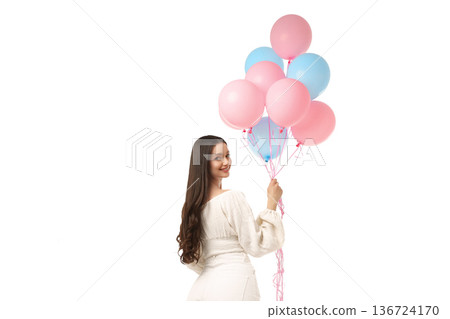 Woman with long hair enjoys balloons outdoors, isolated on white, PNG Woman with long hair enjoys balloons outdoors, isolated on white, PNG 136724170