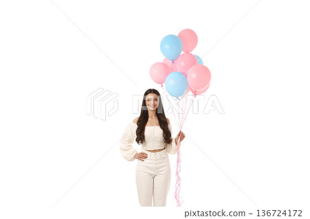 Young woman stands joyfully with balloons in hand, isolated on white, PNG Young woman stands joyfully with balloons in hand, isolated on white, PNG 136724172