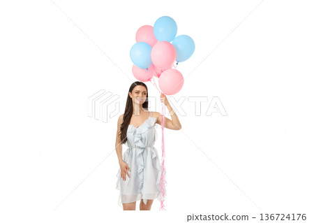 Smiling person with colorful balloons, isolated on white, PNG 136724176