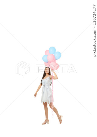 Joyful woman in white dress with balloons, isolated on white, PNG Joyful woman in white dress with balloons, isolated on white, PNG 136724177