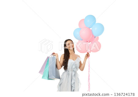 Young woman enjoys shopping with colorful balloons, isolated on white, PNG 136724178