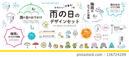 Cute handwritten! Rainy season design material set (frames, illustrations, headings) Cute handwritten! Rainy season design material set (frames, illustrations, headings) 136724209