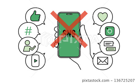 一手拿著智慧型手機,切斷社群媒體連接,進行數位排毒。線條寬度可變。 一手拿著智慧型手機,切斷社群媒體連接,進行數位排毒。線條寬度可變。 136725207