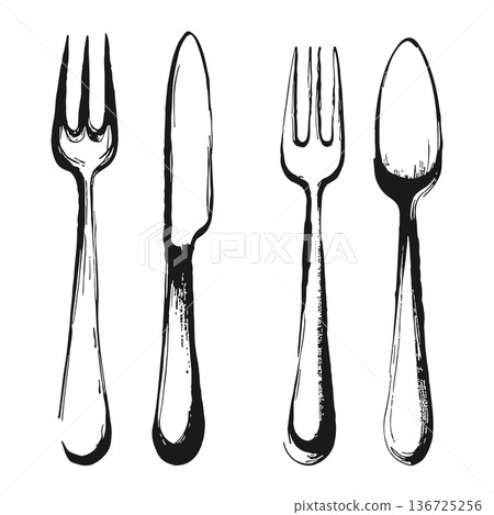 Illustration of black and white drawing of two forks and two knives for dining utensils Illustration of black and white drawing of two forks and two knives for dining utensils 136725256
