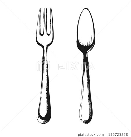 illustration of a simple black and white fork and spoon cutlery set for dining illustration of a simple black and white fork and spoon cutlery set for dining 136725258