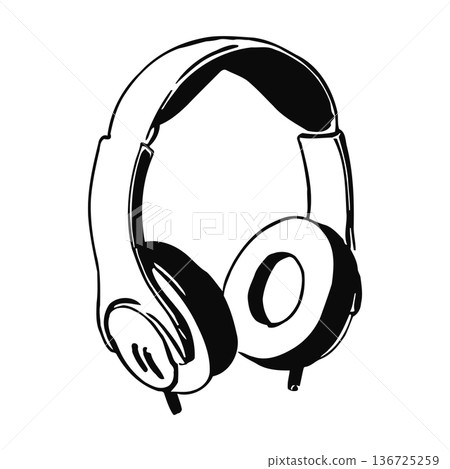 black and white illustration of headphones for listening to music or playing video games comfortably black and white illustration of headphones for listening to music or playing video games comfortably 136725259