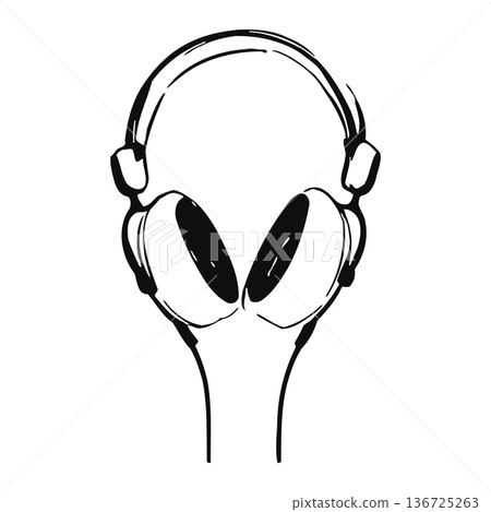 Alien character illustration wearing headphones in simple black and white graphic design style 136725263