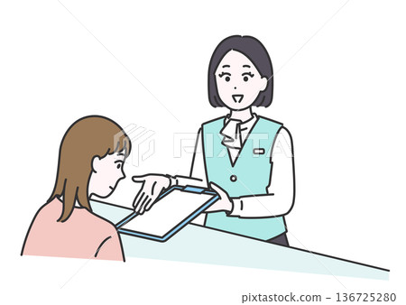 Illustration of a receptionist handing out a medical questionnaire Illustration of a receptionist handing out a medical questionnaire 136725280