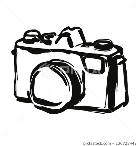 simple black and white illustration of a digital camera with lens and viewfinder details simple black and white illustration of a digital camera with lens and viewfinder details 136725442