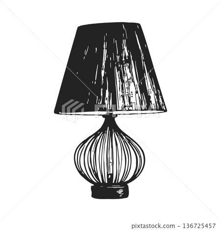 Elegant vintage table lamp with ornate base and pleated lampshade lighting fixture illustration Elegant vintage table lamp with ornate base and pleated lampshade lighting fixture illustration 136725457