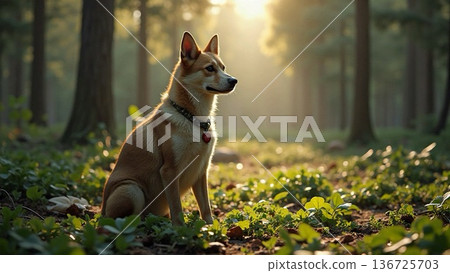 A loyal dog waiting for its master in the forest 136725703