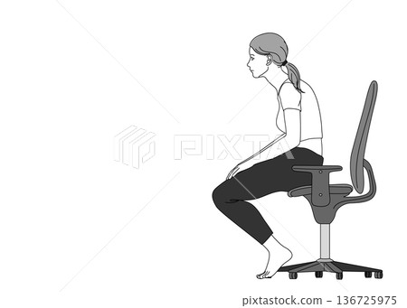 Illustration of a Japanese woman sitting in a chair with her pelvis tilted forward, full body sideways 136725975