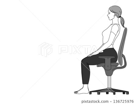 Illustration of a Japanese woman sitting on a chair with her back arched, full body sideways 136725976