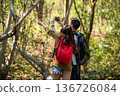 Tourist and traveler asian couple backpack enjoy and happy the jungle forest nature park  136726084