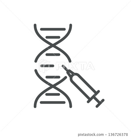 DNA Gene Therapy Icon, Outline DNA Helix with Syringe Injection, Genetic Modification and Biotechnology Medical Symbol. Isolated Genetic Modification Line Icon on White Background  136726378
