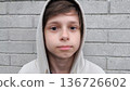 portrait of a teen boy. Portrait of the caucasian teen boy with brown eyes looking into the camera. 136726602