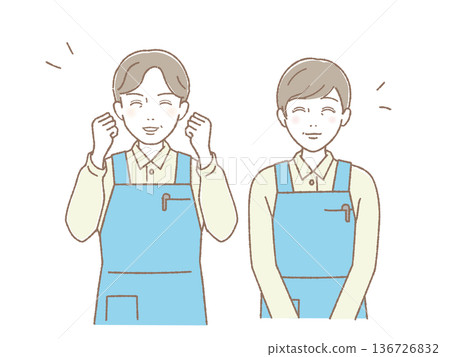 Smiling middle-aged and elderly men and women in aprons, fist pump and smile, care, medical care, welfare 136726832