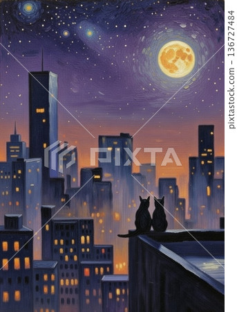 A black cat looking up at the full moon on the roof of a building 136727484