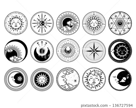 太陽、月亮和星星的神秘圖標集 - 塔羅牌、占星術、靈性 136727594