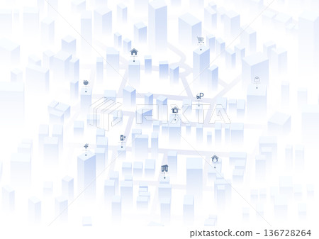 City landscape with poi and markers on the map. Simple minimal town with 3d buildings, urban concept. Exploring available properties, potential choices. Editable vector illustration. White background City landscape with poi and markers on the map. Simple minimal town with 3d buildings, urban concept. Exploring available properties, potential choices. Editable vector illustration. White background 136728264