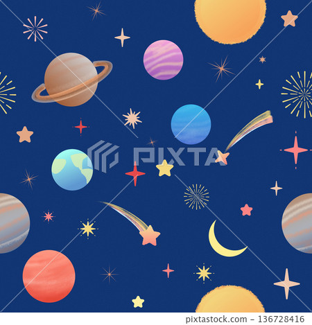 太空無縫圖案 - 可愛的行星和閃爍的星星 太空無縫圖案 - 可愛的行星和閃爍的星星 136728416