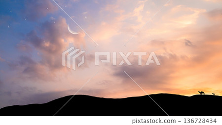 Islam Night Sky Moon Sunset Camel Desert Background Mubaruk Greeting Islam Ramadan Element Masjid Aqsa Hajj Kaaba Umrah Eid Arabian Religion Islamic Muhammad Arab Muslim Namaz Isra Miraj Quran Umrah. 136728434