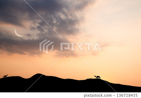 Islam Night Sky Moon Sunset Camel Desert Background Mubaruk Greeting Islam Ramadan Element Masjid Aqsa Hajj Kaaba Umrah Eid Arabian Religion Islamic Muhammad Arab Muslim Namaz Isra Miraj Quran Umrah. Islam Night Sky Moon Sunset Camel Desert Background Mubaruk Greeting Islam Ramadan Element Masjid Aqsa Hajj Kaaba Umrah Eid Arabian Religion Islamic Muhammad Arab Muslim Namaz Isra Miraj Quran Umrah. 136728435