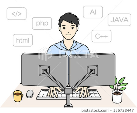 男性工程師,使用程式語言和雙顯示器工作 男性工程師,使用程式語言和雙顯示器工作 136728447
