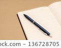 一本筆記本和一支鋼筆，在棕色背景的襯托下格外醒目。 136728705
