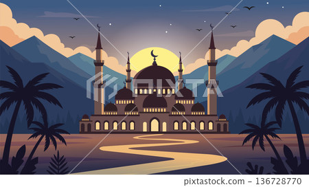 Golden Dome Mosque At Warm Sunset Golden Dome Mosque At Warm Sunset 136728770