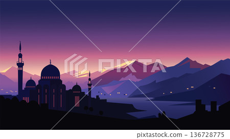 Mountain Valley Mosque Beneath Violet Twilight Mountain Valley Mosque Beneath Violet Twilight 136728775