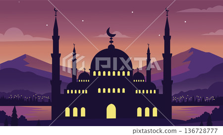 Purple Horizon Mosque At Evening Prayer 136728777